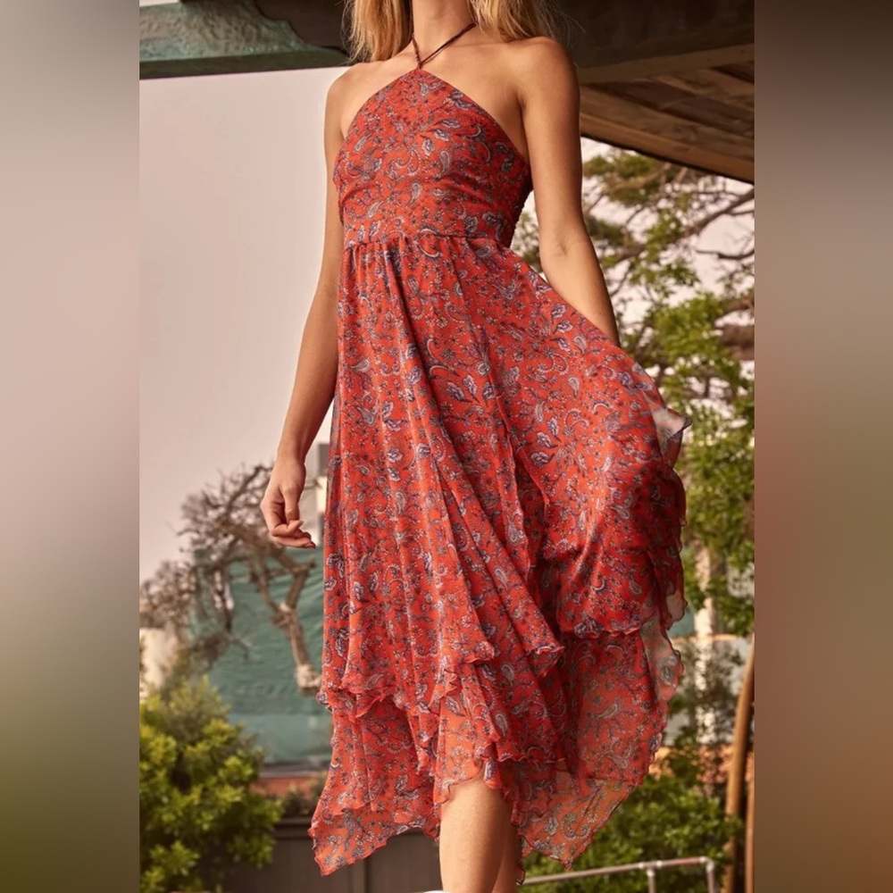 Misa Los Angeles Adele Halter Dress Chiffon Paisley Print Red NWT Size Small